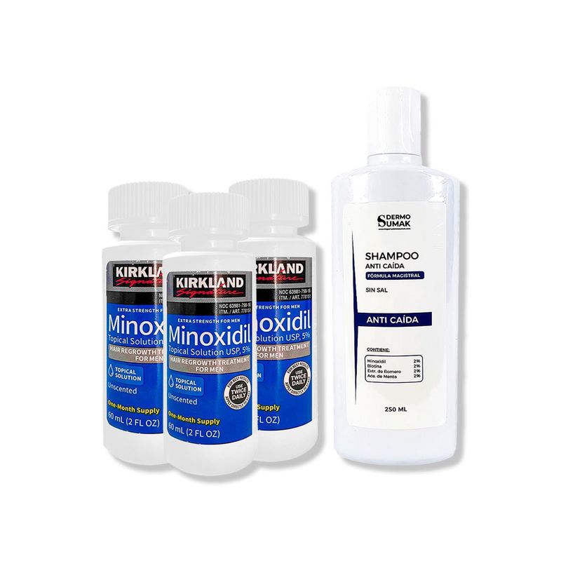GENERICO - 3 Minoxidil Líquido Kirkland + SHAMPOO SIN SAL ANTICAÍDA 250ML