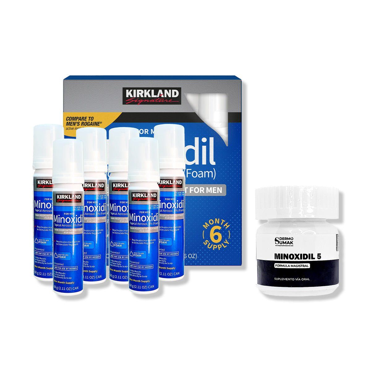 GENERICO - 6 Minoxidil Espuma Kirkland + MINOXIDIL 5MG 60 CÁPSULAS