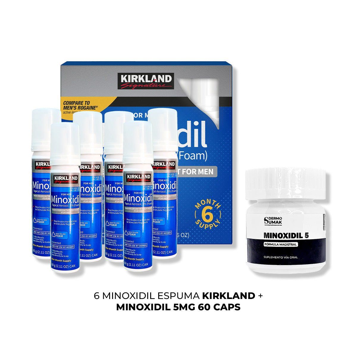 GENERICO - 6 Minoxidil Espuma Kirkland + MINOXIDIL 5MG 60 CÁPSULAS
