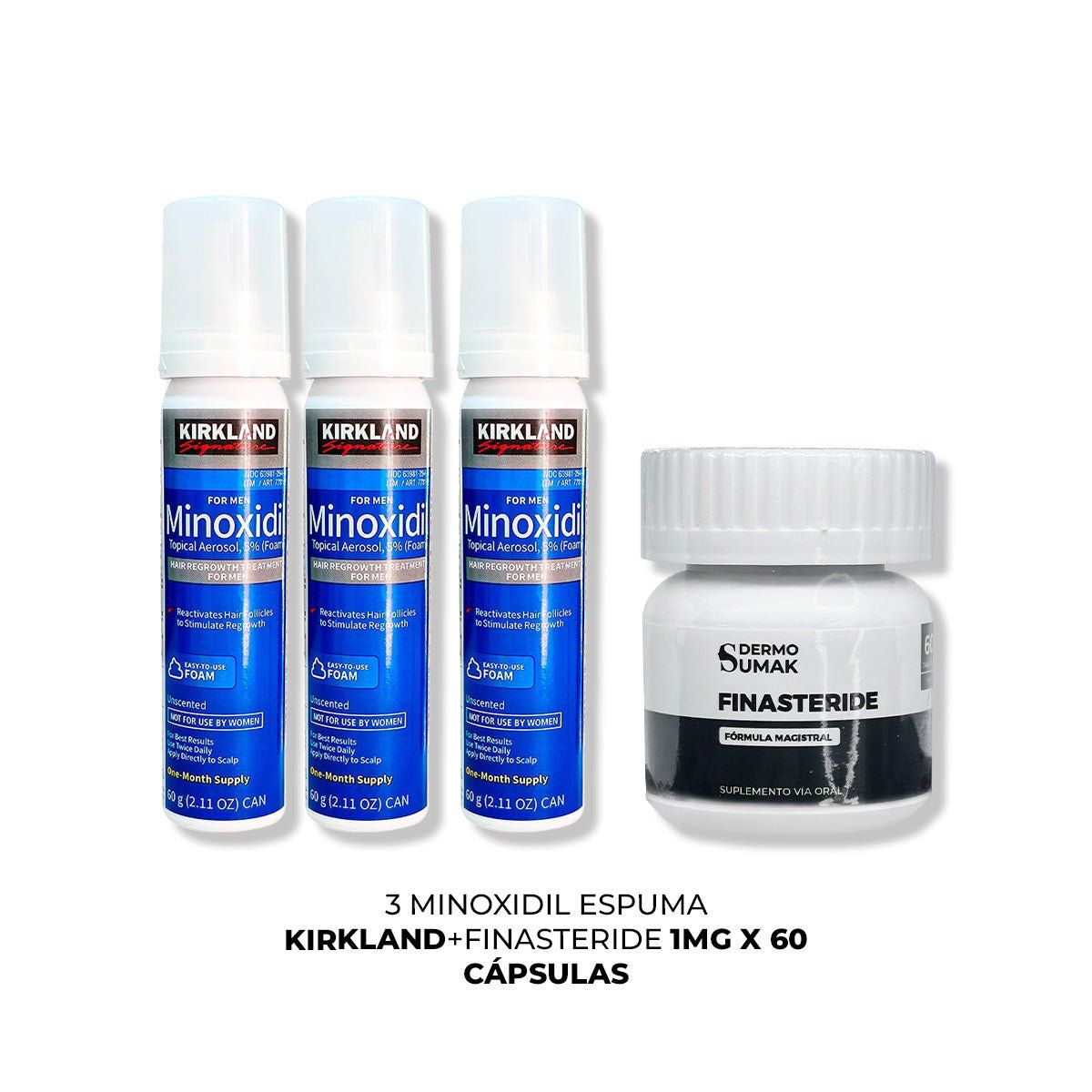 GENERICO - 3 Minoxidil Espuma Kirkland + Finasteride 1mg x 60 Cápsulas