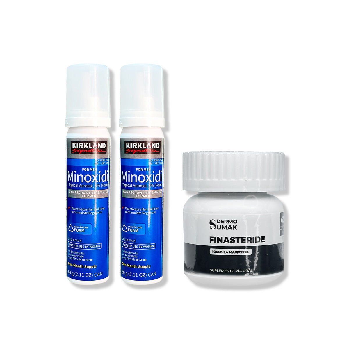 GENERICO - 2 Minoxidil Espuma Kirkland + Finasteride 1mg x 60 Cápsulas