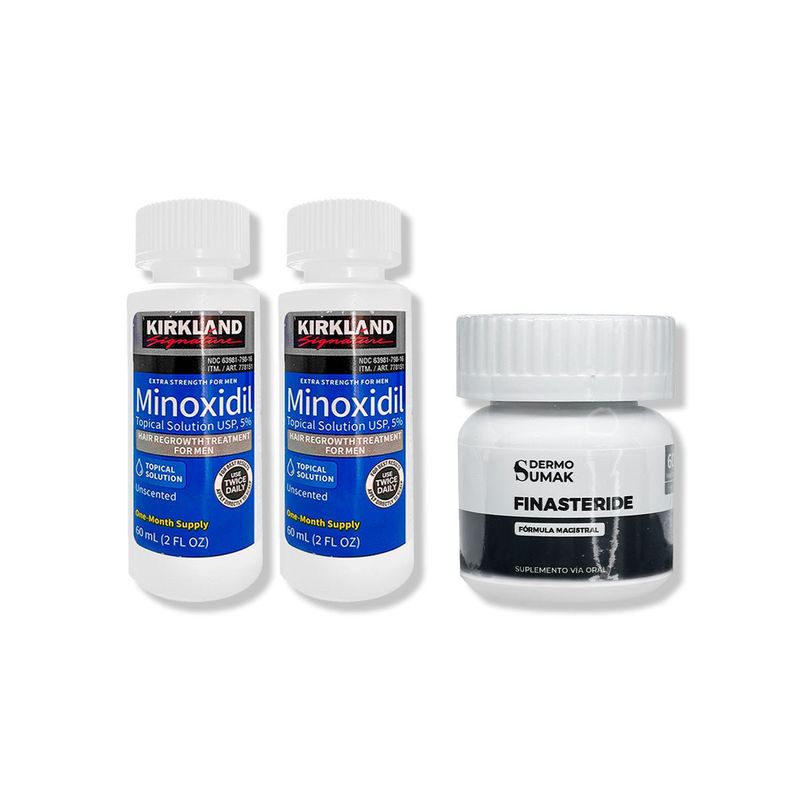 GENERICO - 2 Minoxidil Líquido Kirkland + Finasteride 1mg x 60 Cápsulas