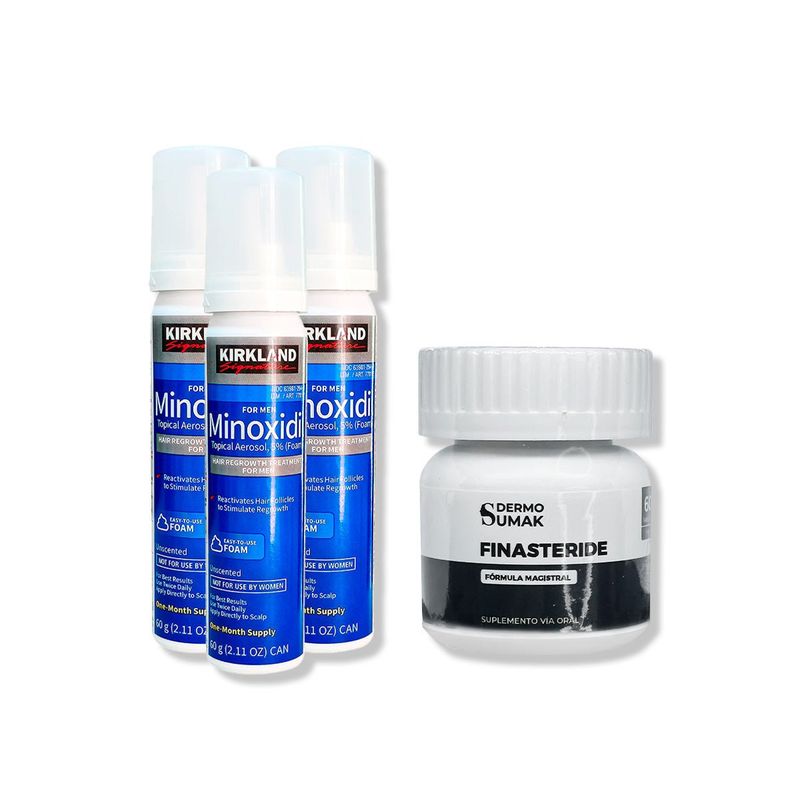 GENERICO - 3 Minoxidil Espuma Kirkland + Finasteride 1mg x 60 Cápsulas