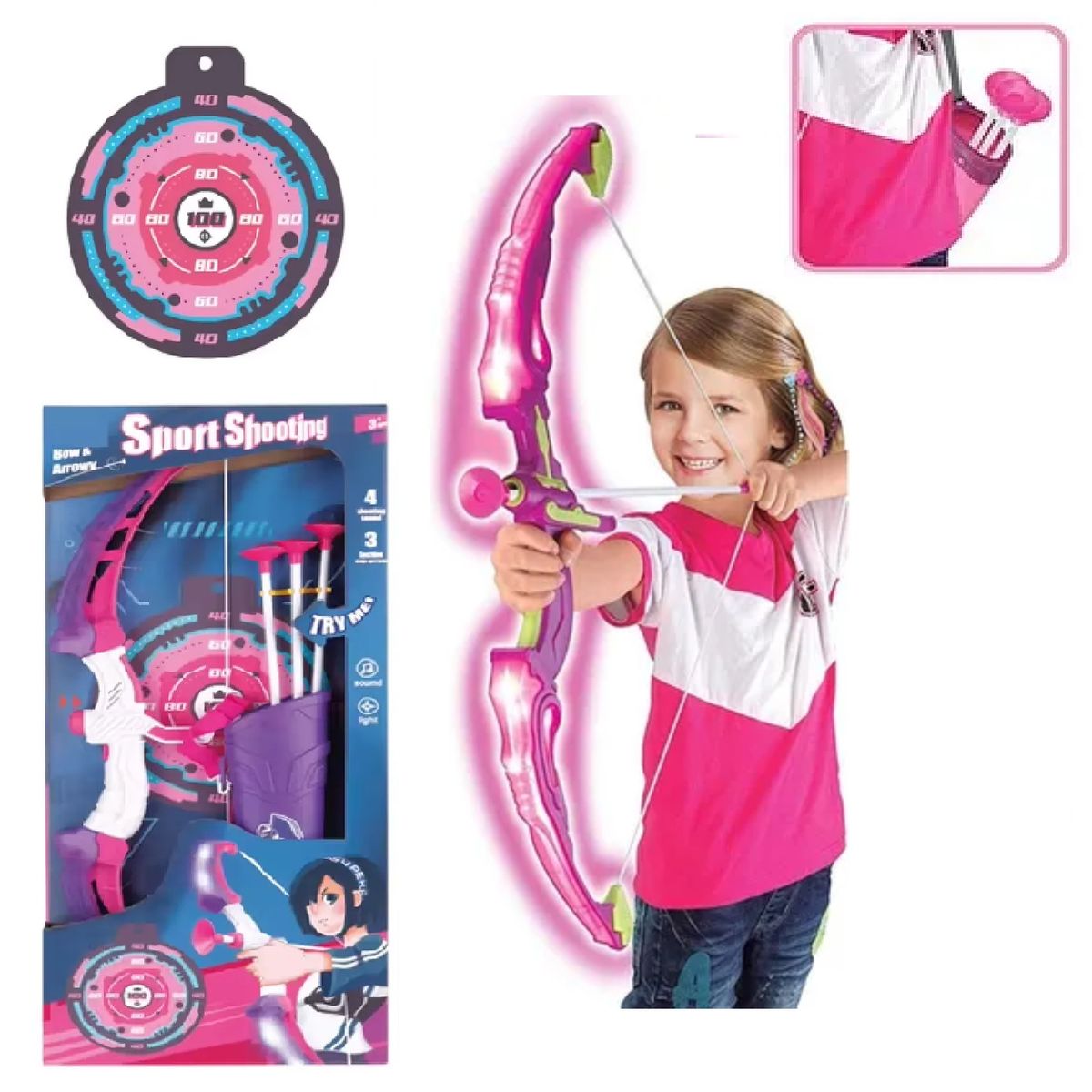 GENERICO - Juego de tiro con arco Luces y Musical Sport Shooting- Rosa
