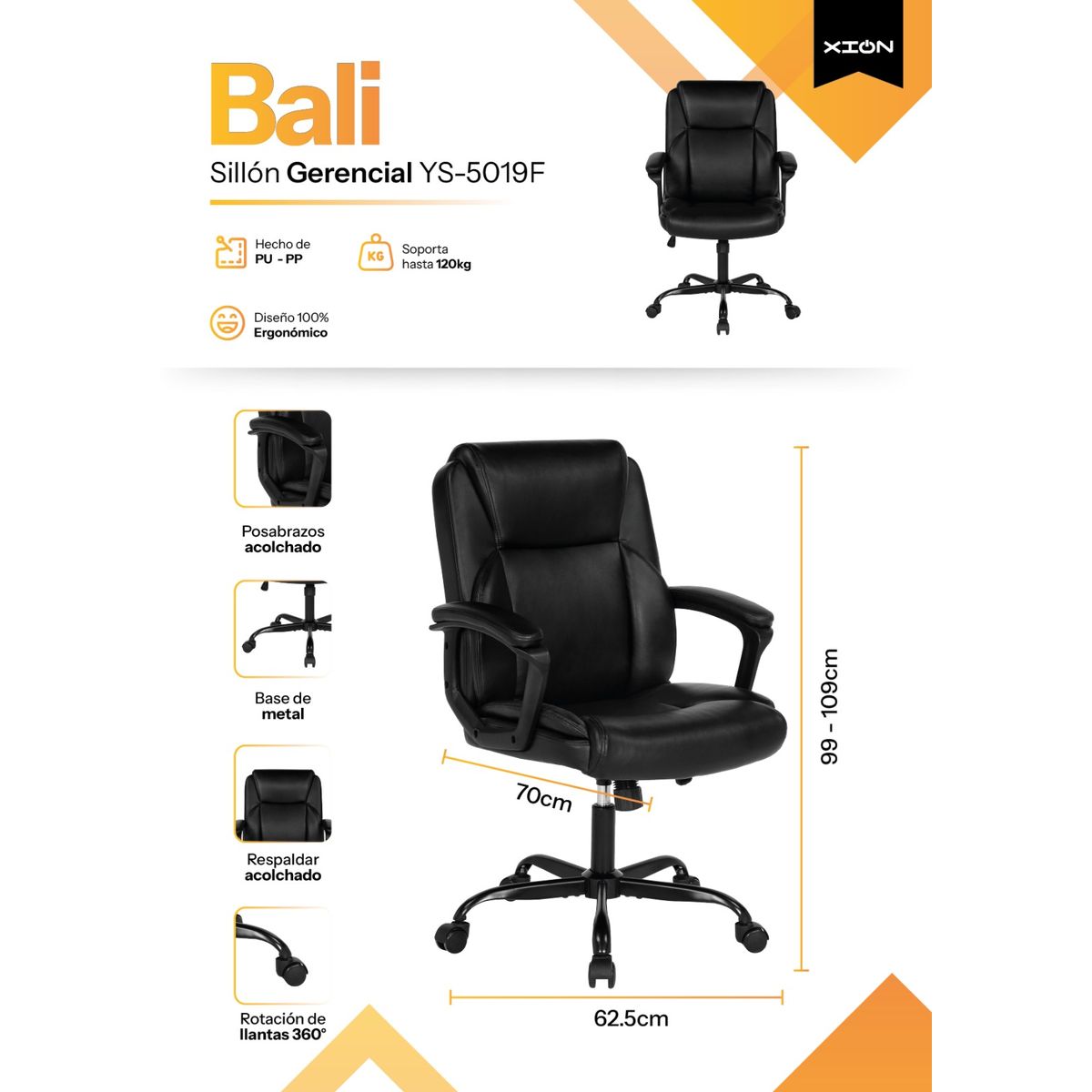 XION - SILLA DE OFICINA ERGONÓMICA GIRATORIA CON ALTURA AJUSTABLE - BALI NEGRO