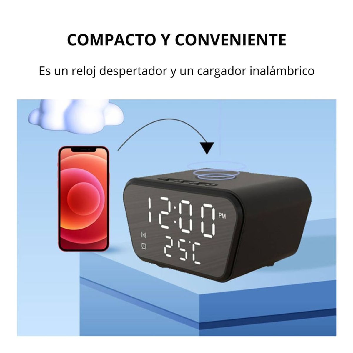 SEISA - Despertador Cargador Inalámbrico Alarma con Temperatura 3 en 1