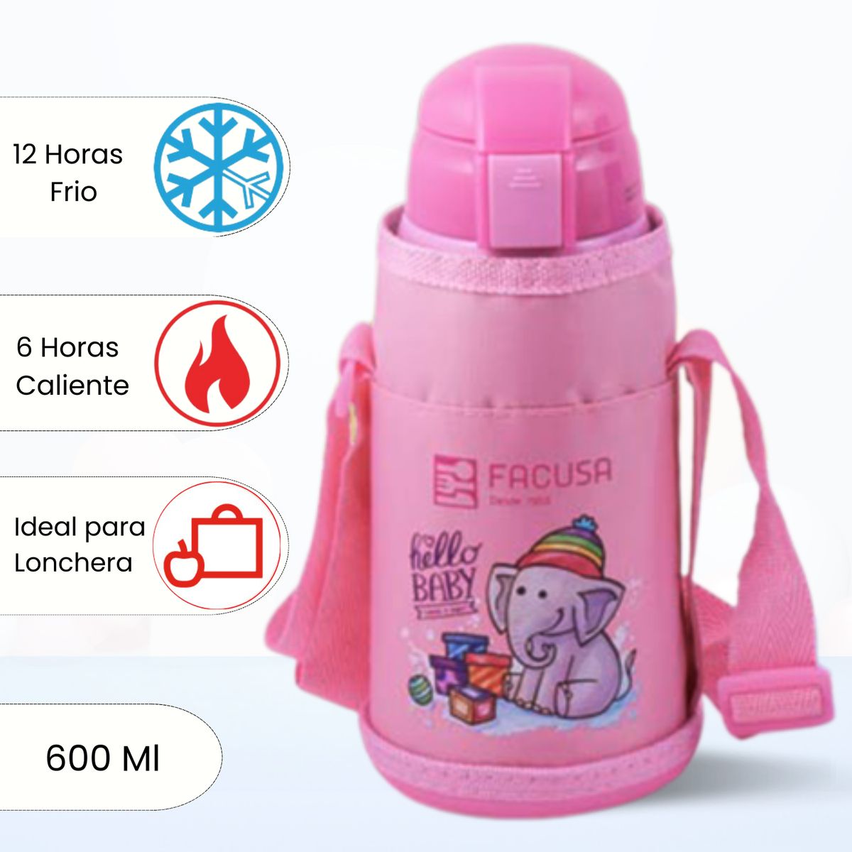 FACUSA - Termo de Bebida Para Niños Hello Baby Rosado 600 Ml