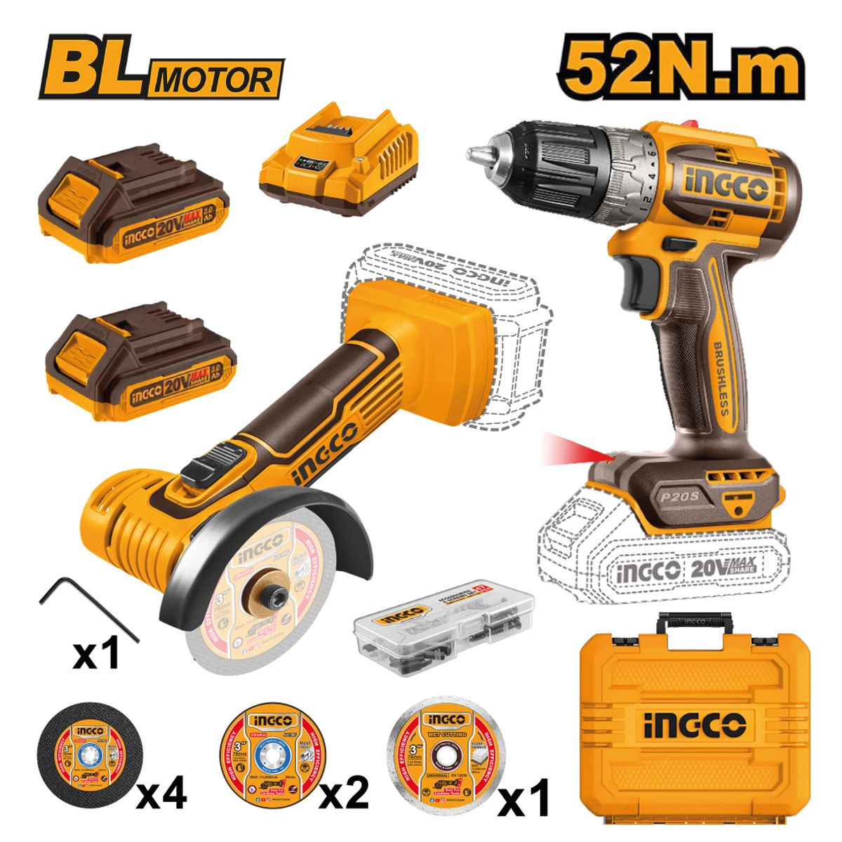 INGCO TOOLS - KIT MINI AMOLADORA INGCO 20V + ATORNILLADOR BRUSHLESS 20V CKLI20278