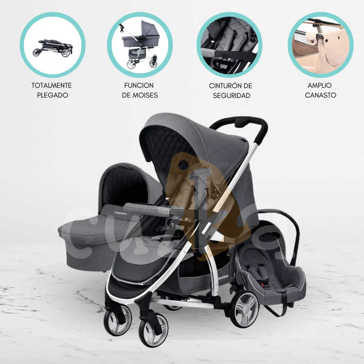 CARESTINO - Coche de Paseo con Accesorios «LONDON» Gris