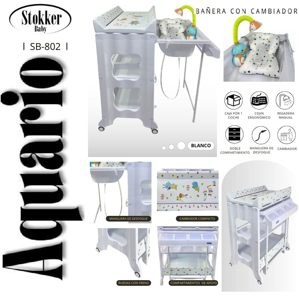 STOKKER BABY - BAÑERA CAMBIADOR AQUARIO+REGADERA CON COJIN