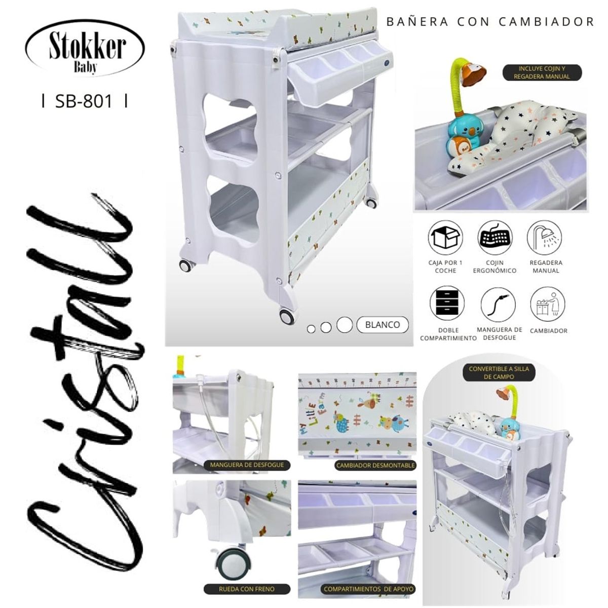 STOKKER BABY - BAÑERA CAMBIADOR BLANCO  CRISTALL CON COJIN + REGADERA