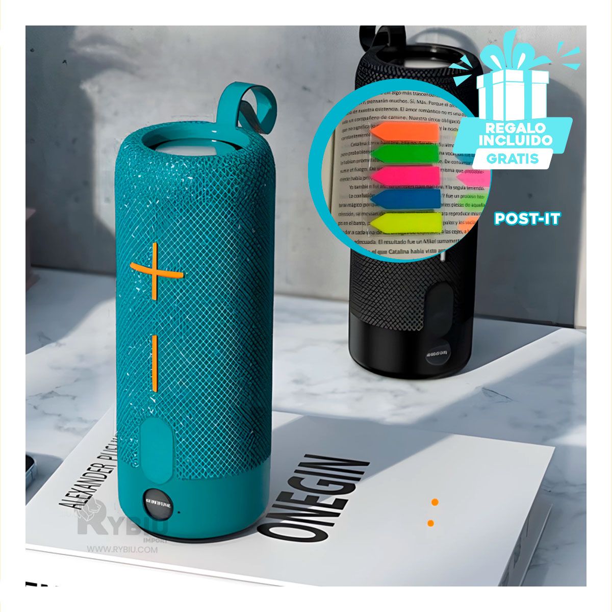 RYBIU IMPORT - Bocina Dinamica Portatil en Celeste Y+Post-it Adhesivos