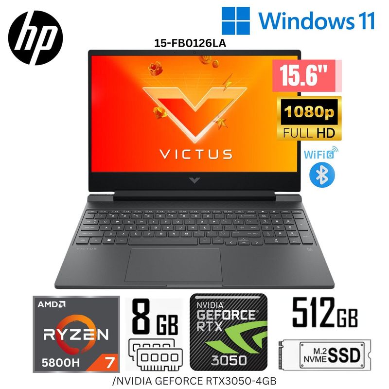 HP - Laptop HP Victus Gaming 15-FB0126LA AMD Ryzen7-5800H 15.6" 8GB RAM 512GB SSD RTX3050-4GB WINDOWS 11