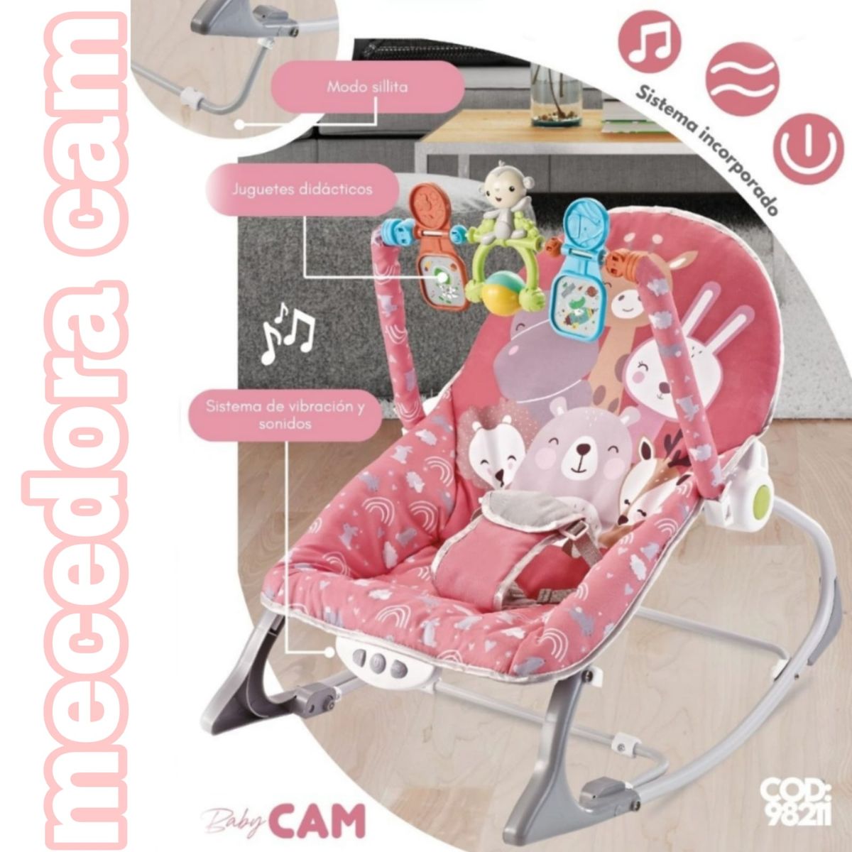 CAM - Silla Mecedora Musical Vibradora Soporta 20kg CAM ROSADO