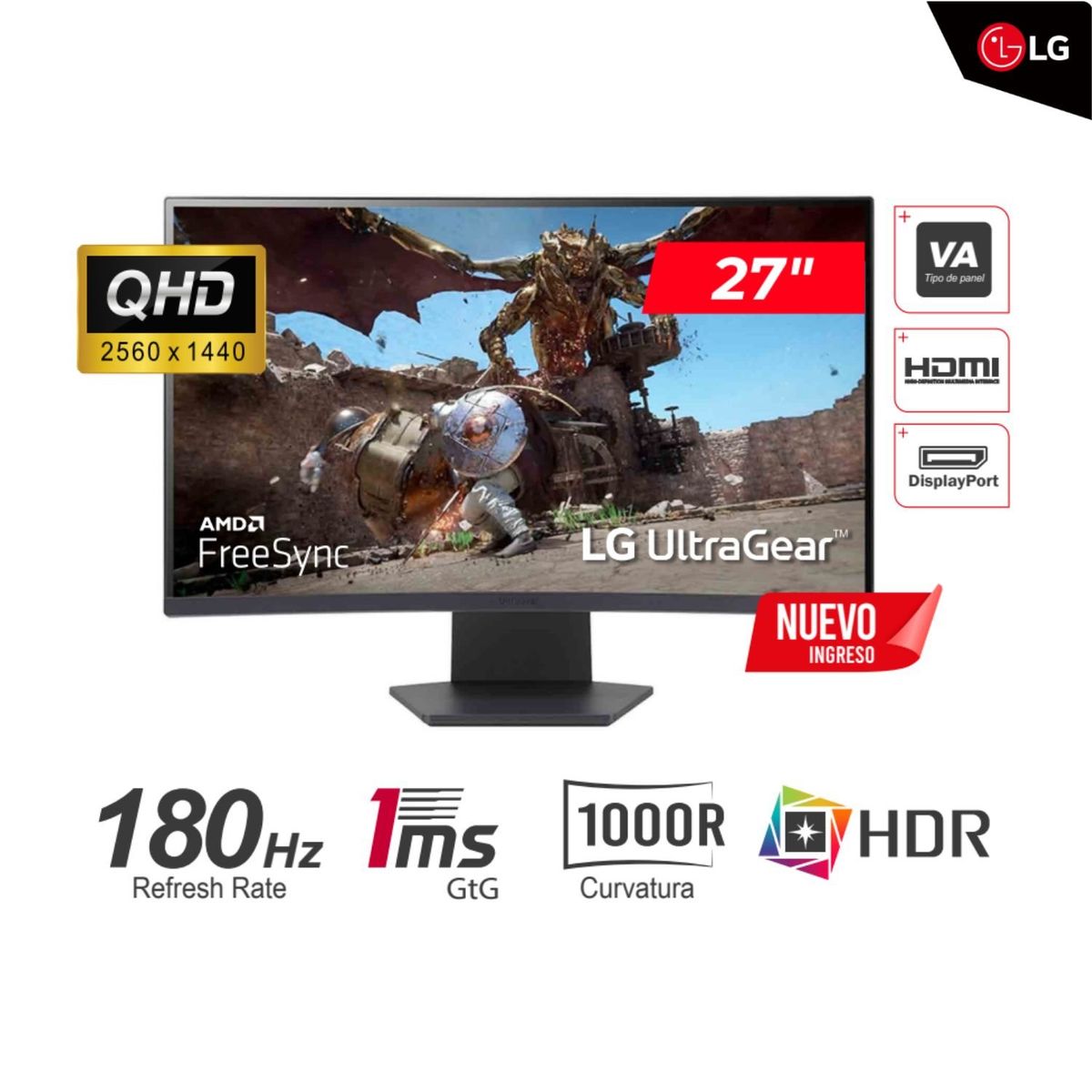 LG - MONITOR LG ULTRAGEAR 27 QHD VA Curv 1000R 1ms 180Hz 2x HDMI 1x DP