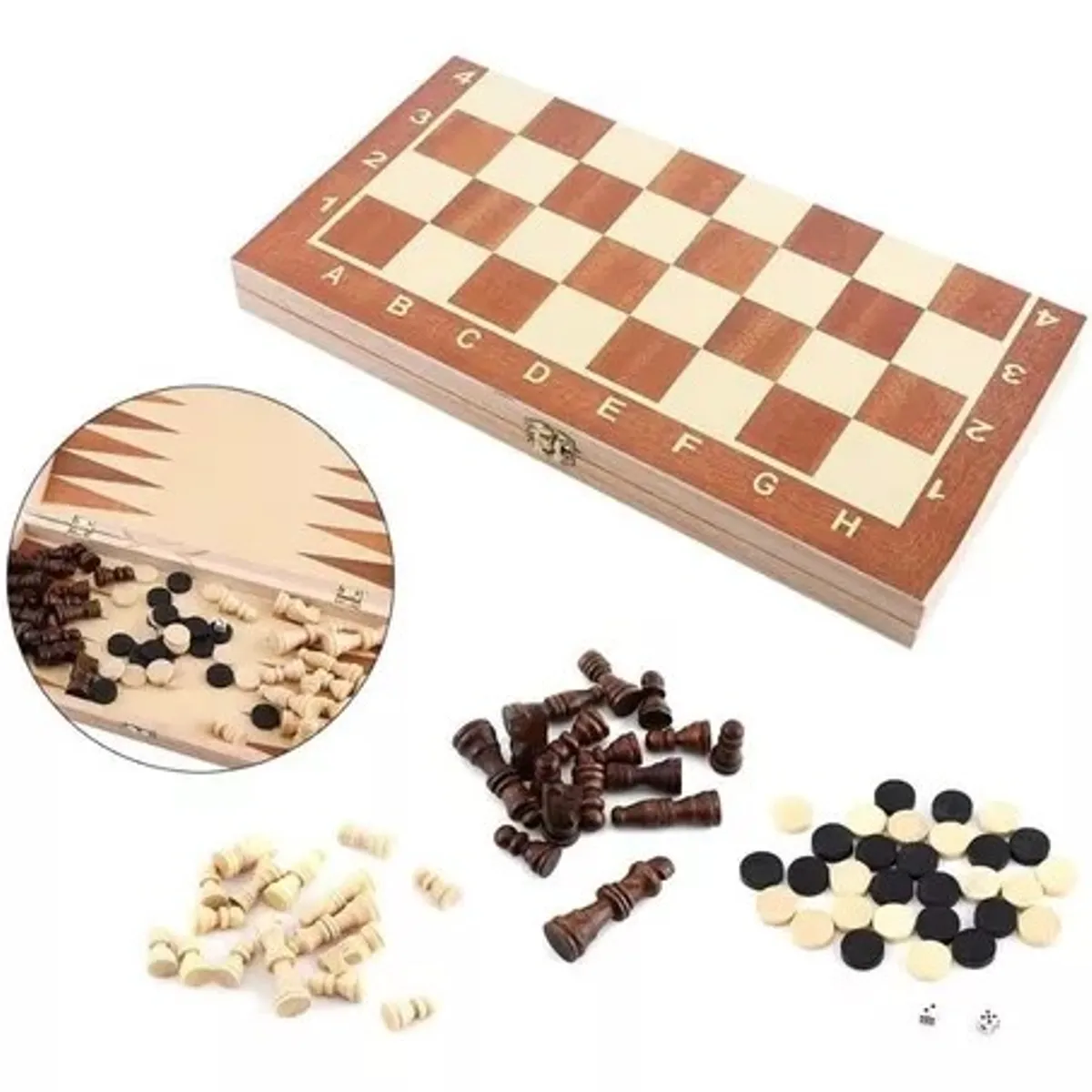 GENERICO - 3 En 1 Ajedrez + Damas + Backgammon De Madera Tamaño 50 CM