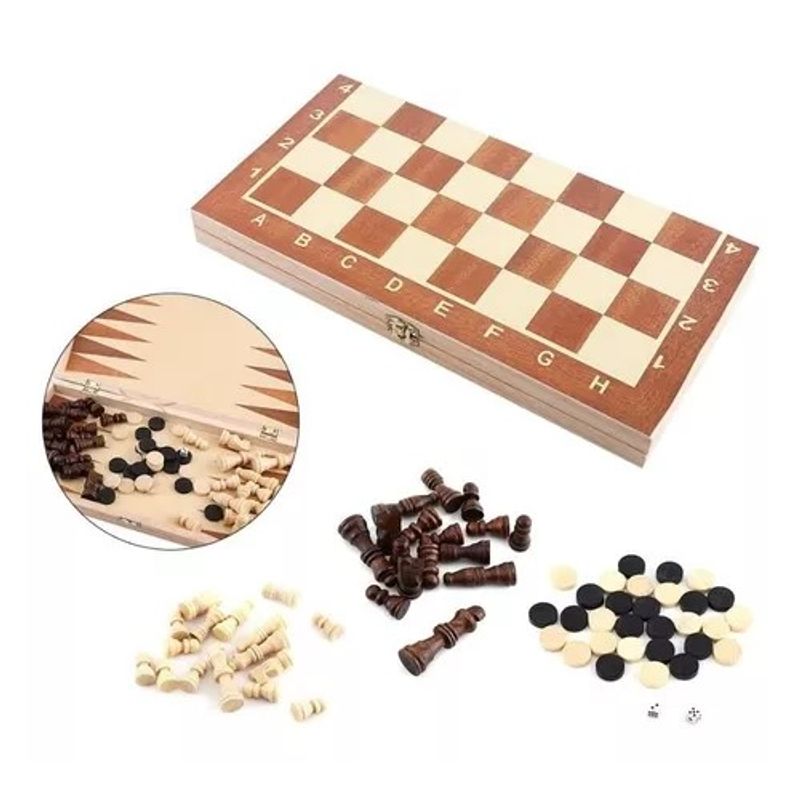 GENERICO - 3 En 1 Ajedrez + Damas + Backgammon De Madera Grande
