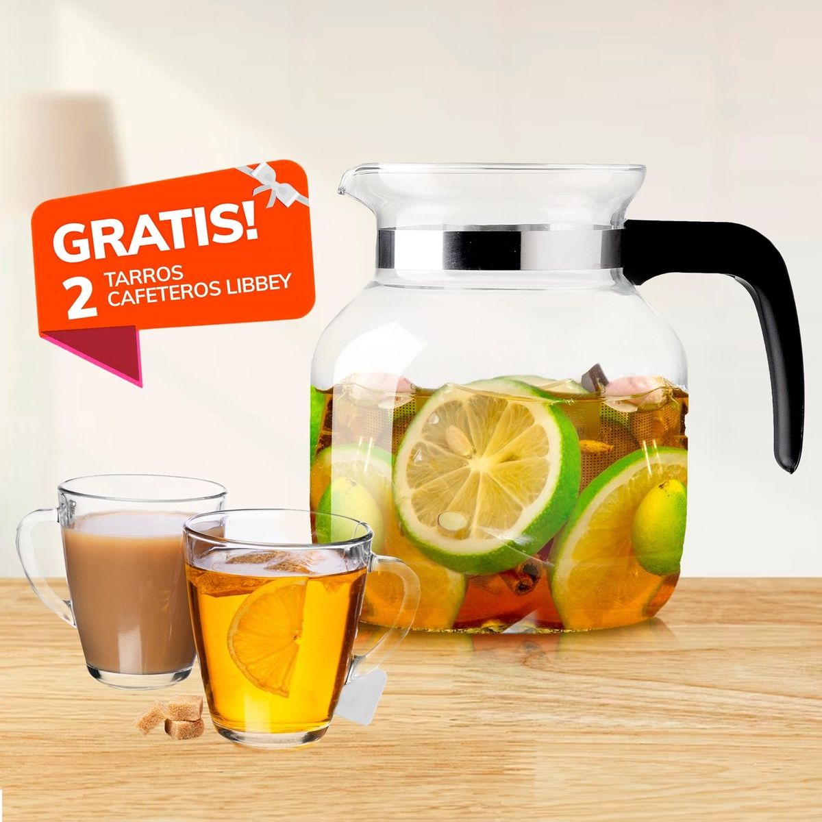 LIBBEY - Jarra de Fuego Directo de Vidrio 1.5 Lt con 2 Tarros Cafeteros Apolo