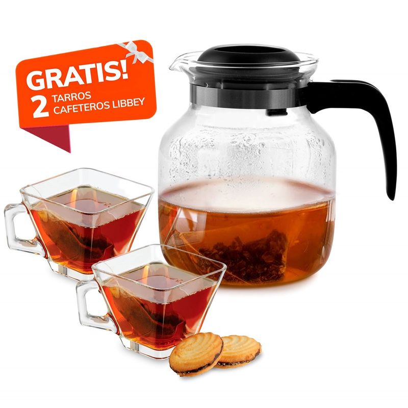 LIBBEY - Tetera de Vidrio 1.5 Lt con 2 tarros cafeteros Tempo