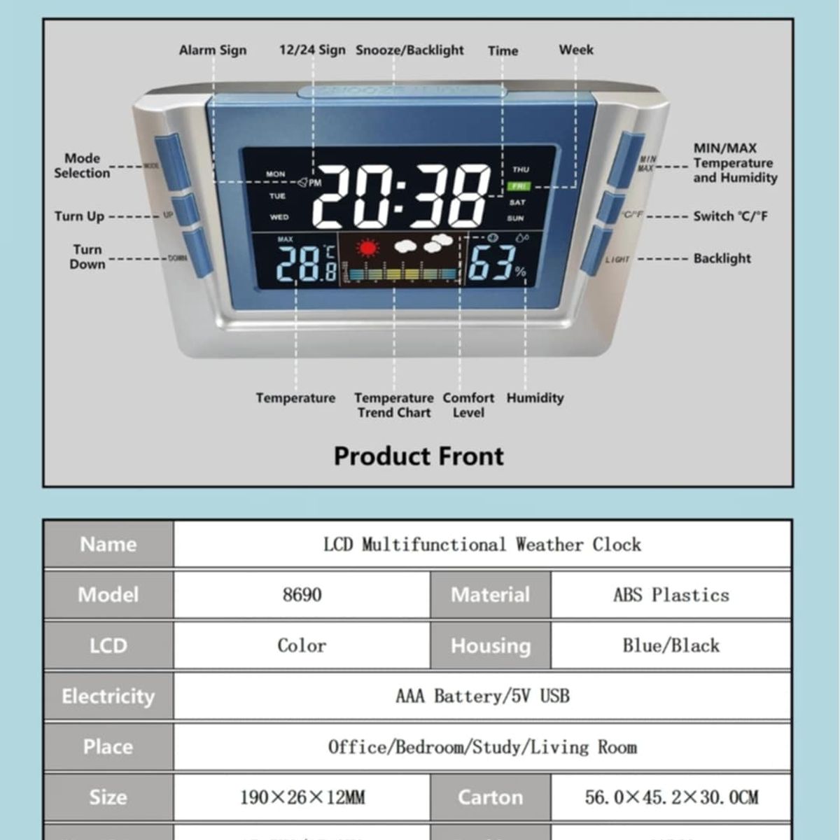 GENERICO - Reloj Digital Alarma de Oficina con Temperatura y Humedad