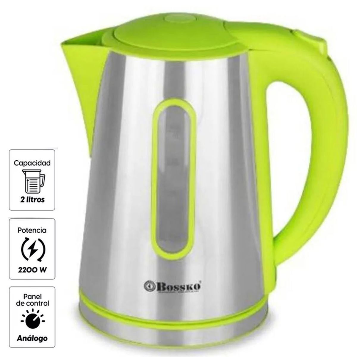BOSSKO - Hervidor Eléctrico 2 Litros Acero BK-208B Verde