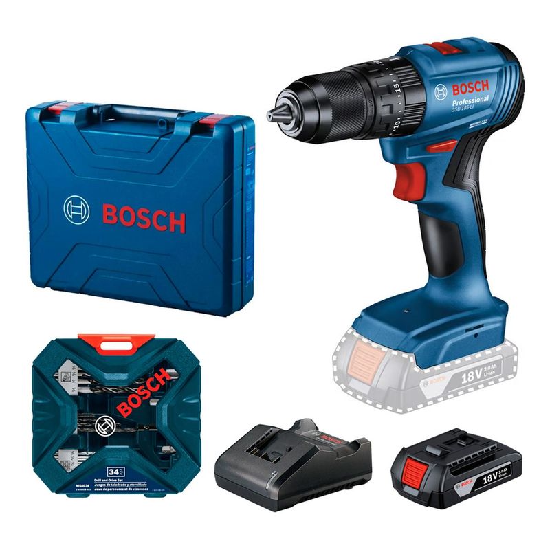 BOSCH - Taladro GSB 185-LI Bosch Brushless + 1 Bat + Set 34 piezas