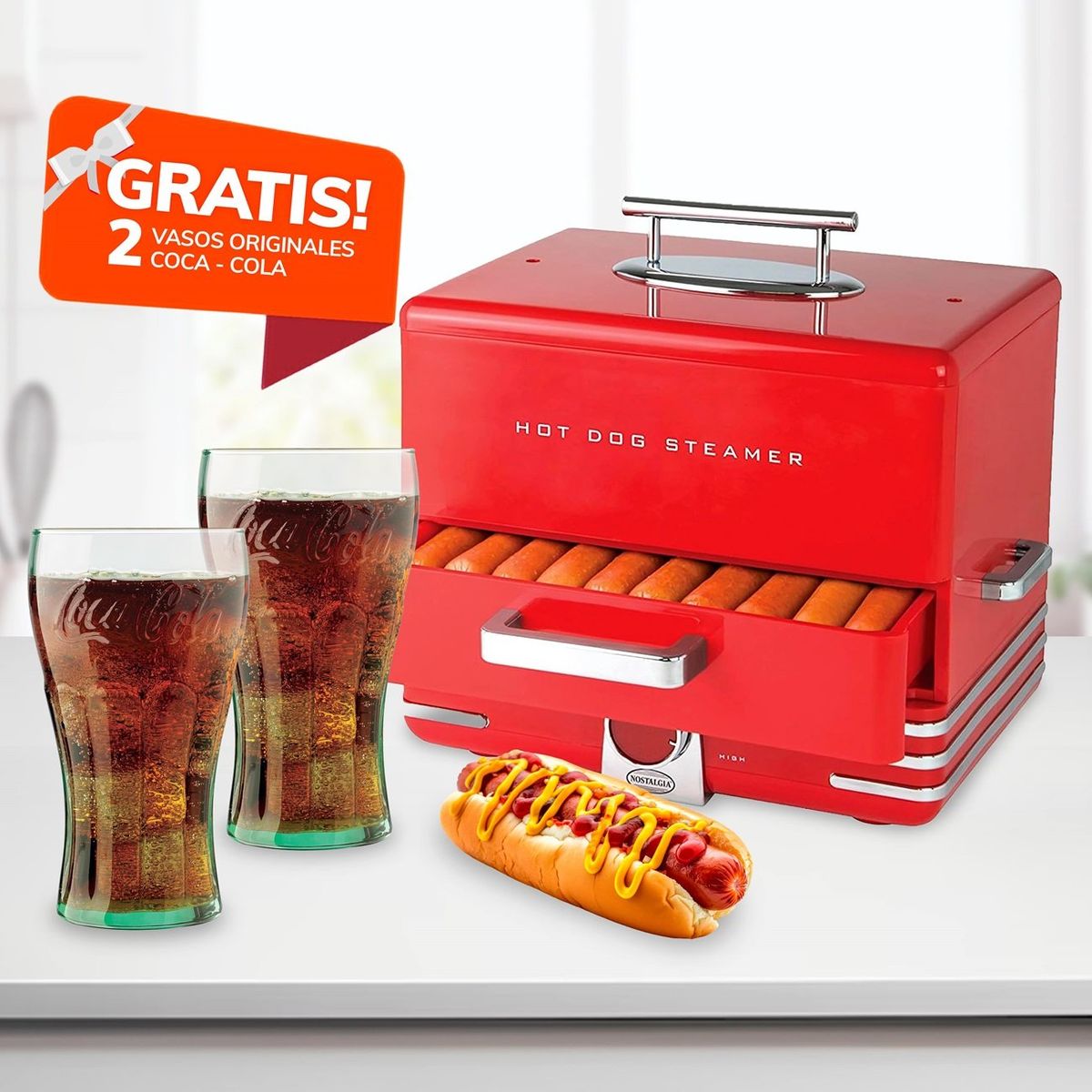 NOSTALGIA - Máquina Vaporera de Hot-Dog Retro Nostalgia con 2 Vasos Coca-Cola
