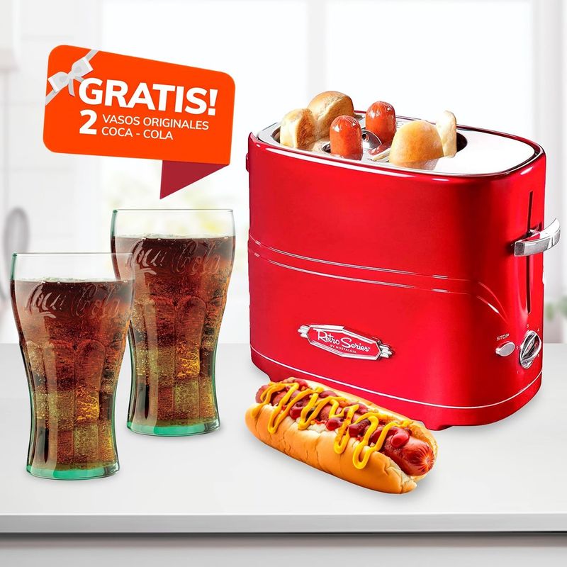 NOSTALGIA - Máquina Tostadora de Hot-Dog Retro Nostalgia con 2 Vasos Coca-Cola