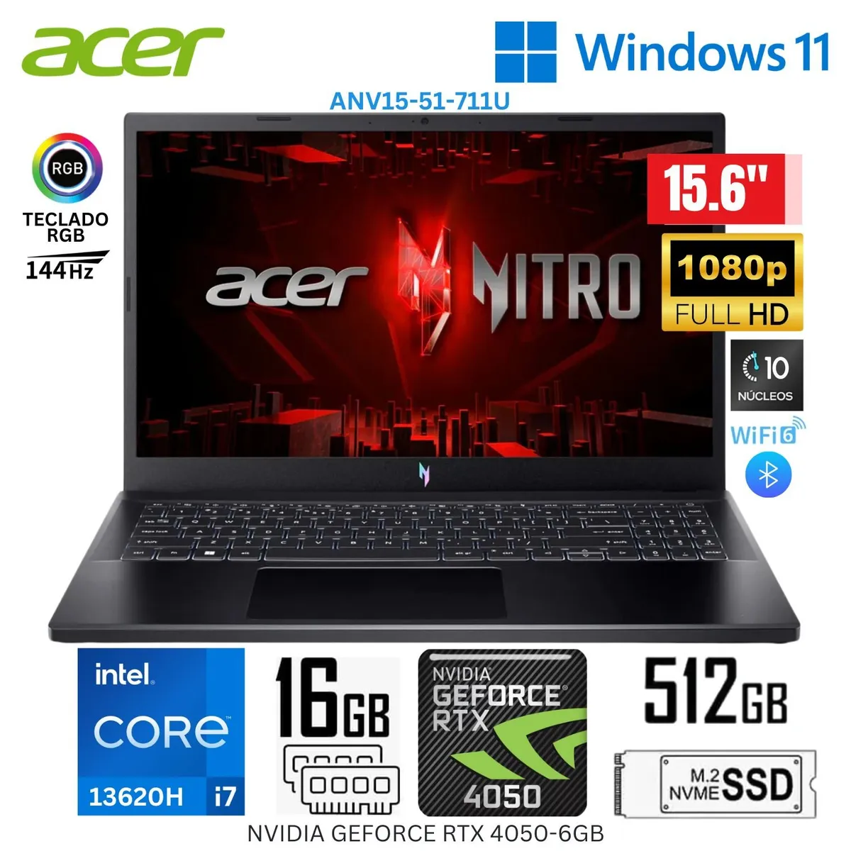 ACER - Laptop Gamer Acer Nitro V15 ANV15-51-711U Intel Corei7-13°Gen 15.6"  FHD 16GB RAM 512GB SSD RTX4050-6GB