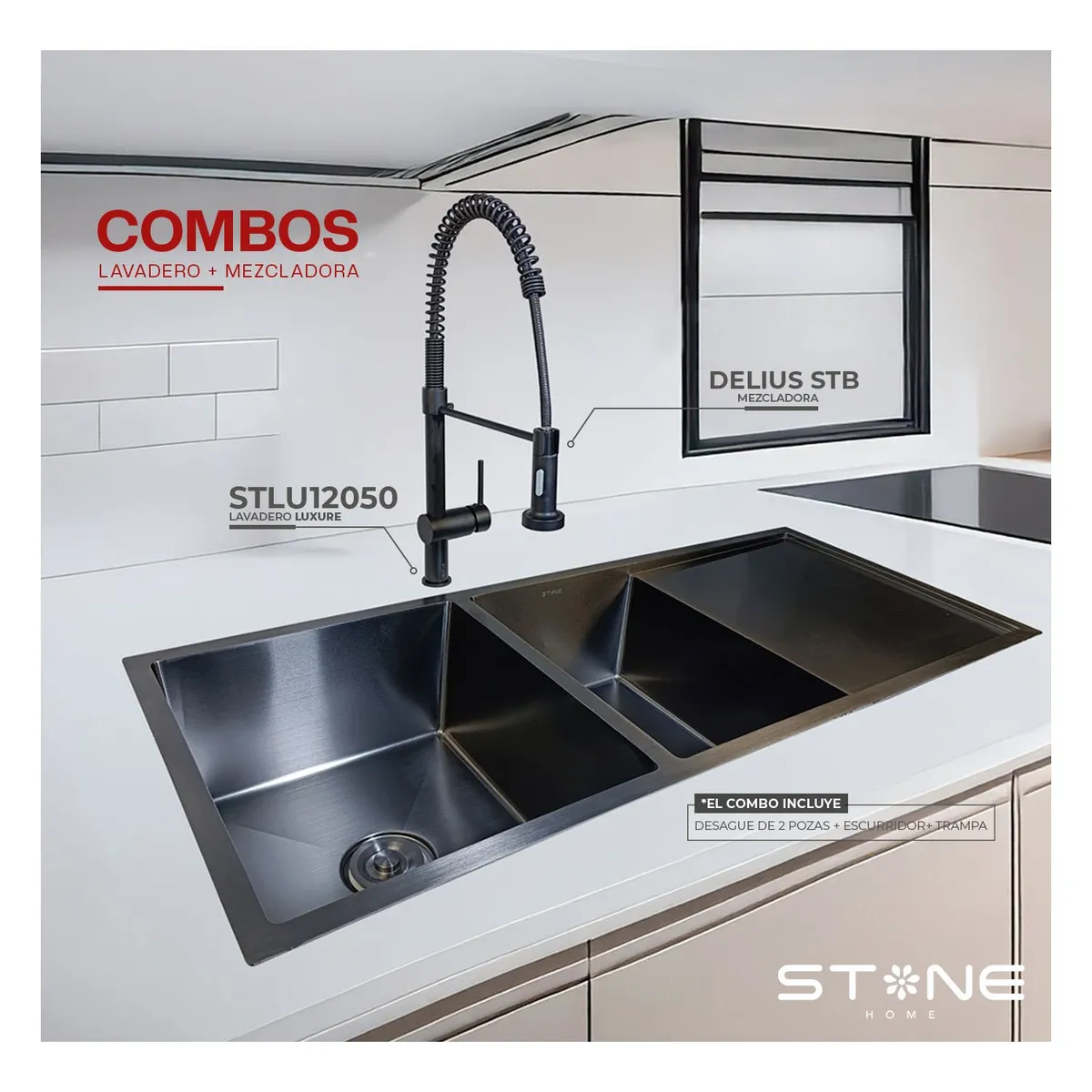 STONE - COMBO LAVADERO LUXURE STLU12050 + DELIUS STB CON ESCURRIDOR -STONE