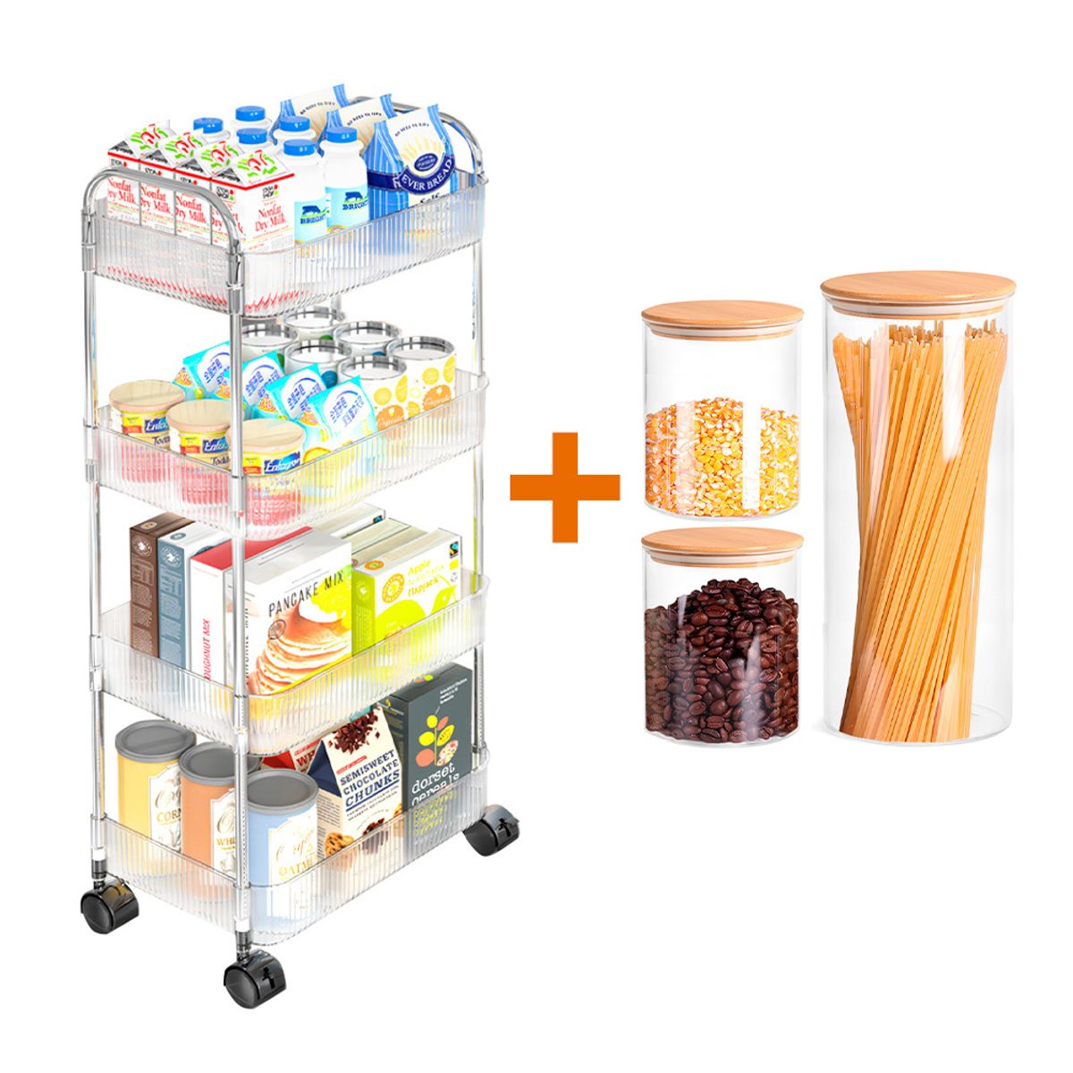 KELLER - Set de 3 Frascos Herméticos CF2 Y Carrito Organizador 4 Niveles T24