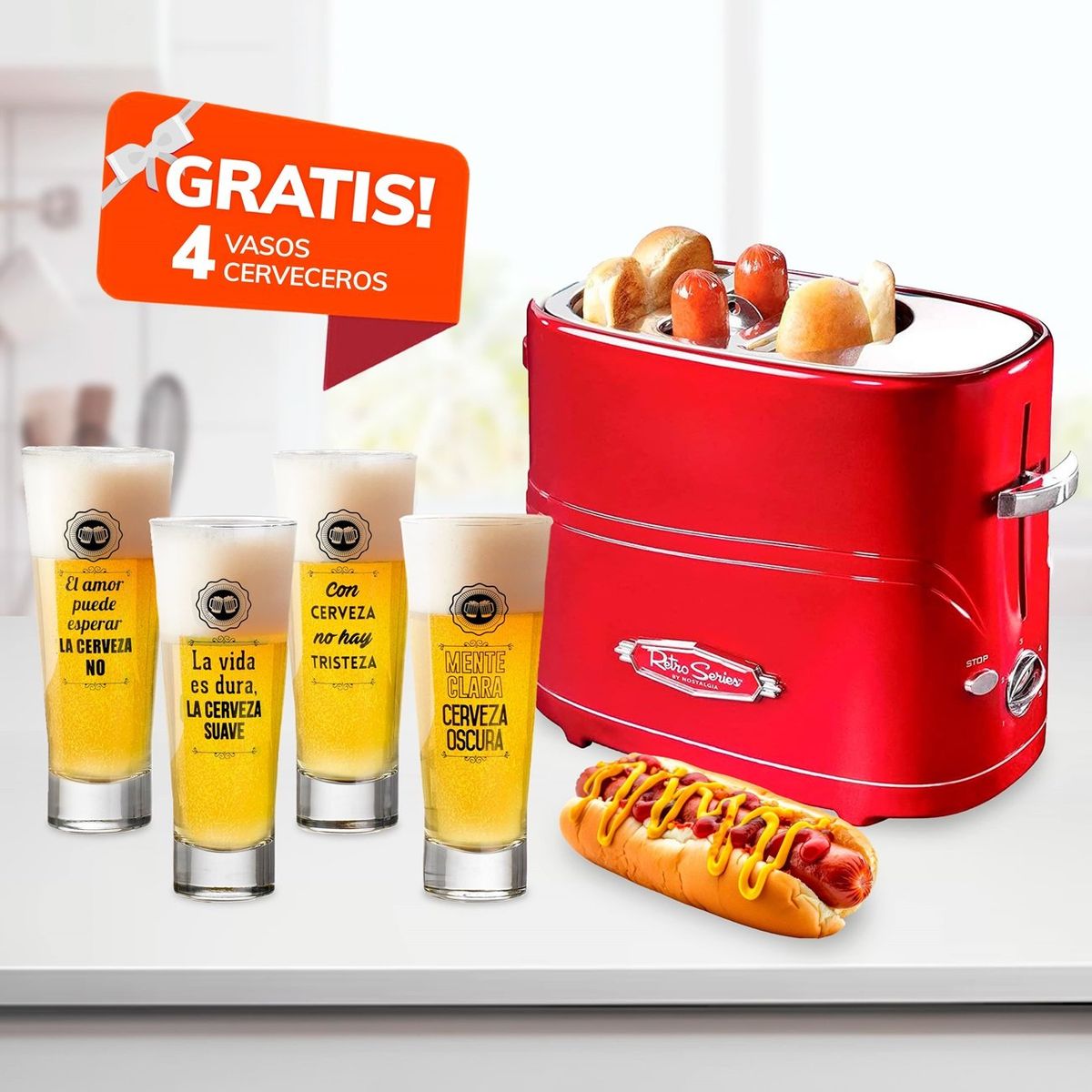 NOSTALGIA - Máquina Tostadora de Hot-Dog Retro y 4 Vasos Cerveceros