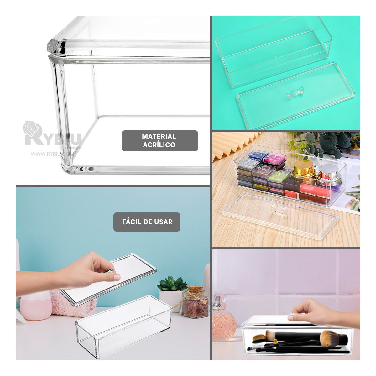 RYBIU IMPORT - Baul de Acrilico en Transparente Y+Regalo Ligas para Peinar