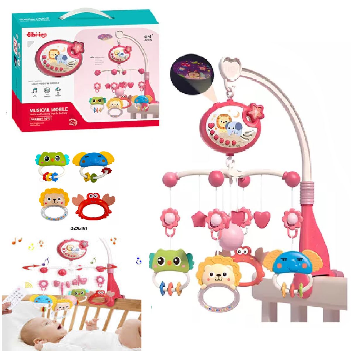 GENERICO - Movil Musical Cuna  Rosa con Control Remoto