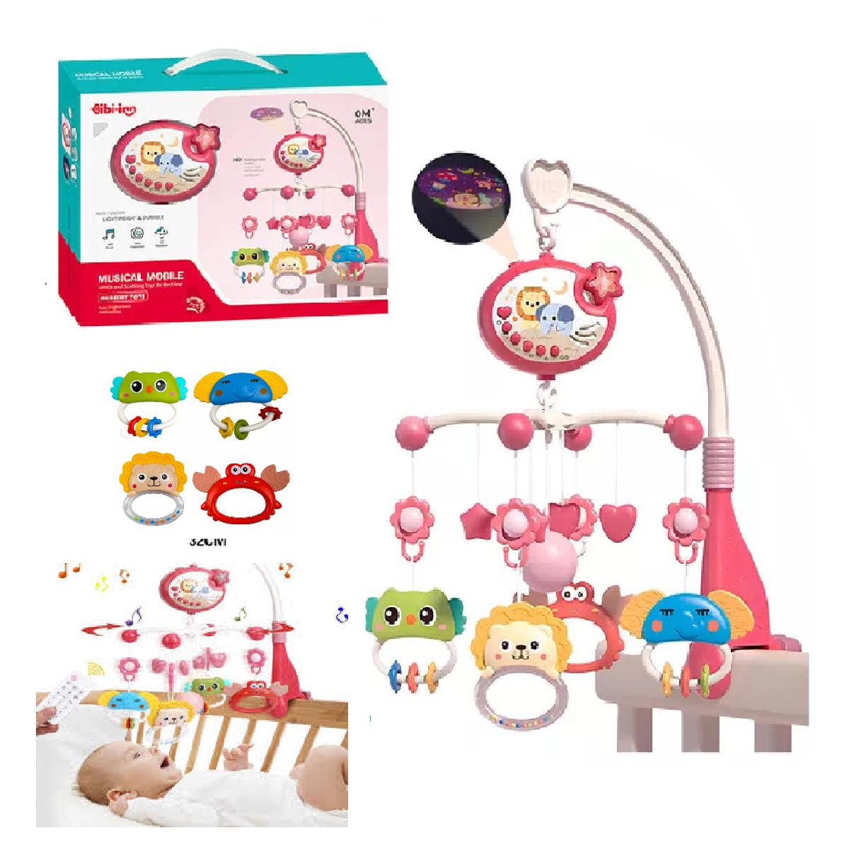 GENERICO - Movil Musical Cuna  Rosa con Control Remoto