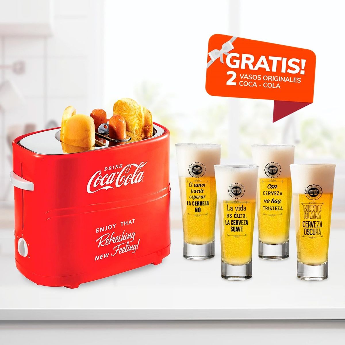NOSTALGIA - Máquina Tostadora de Hot-Dog Coca-Cola con 4 Vaso Cervecero