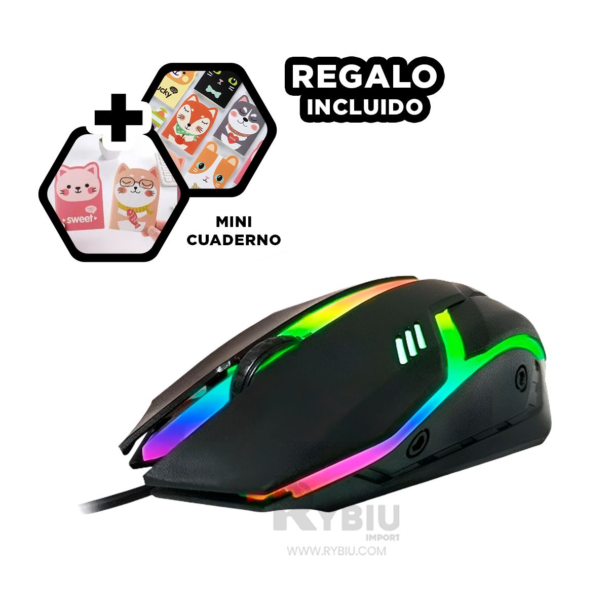 RYBIU IMPORT - Raton con Botones y Luces Tono Negro Y+Envoltorio de Regalo