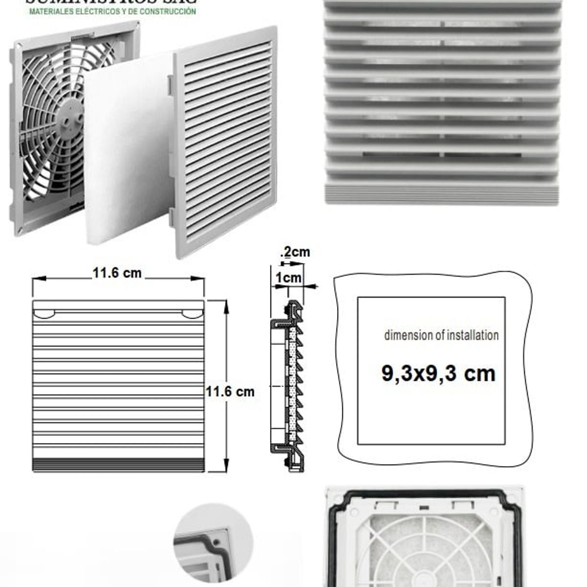 GENERICO - REJILLA DE VENTILADOR PARA TABLERO ELECTRICO CON FILTRO 11,6 X 11,6CM