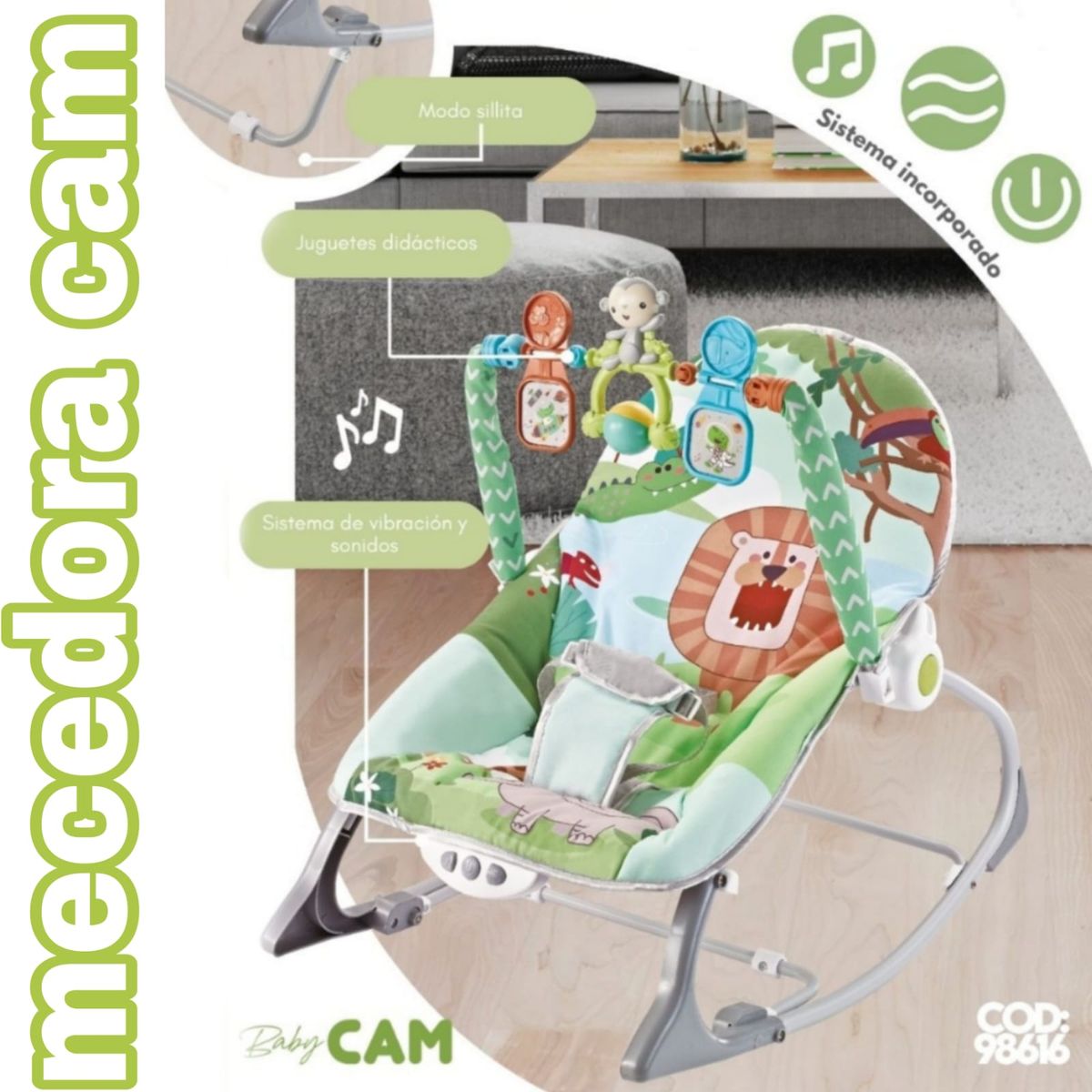 CAM - Silla Mecedora Musical Vibradora Soporta 20kg CAM VERDE