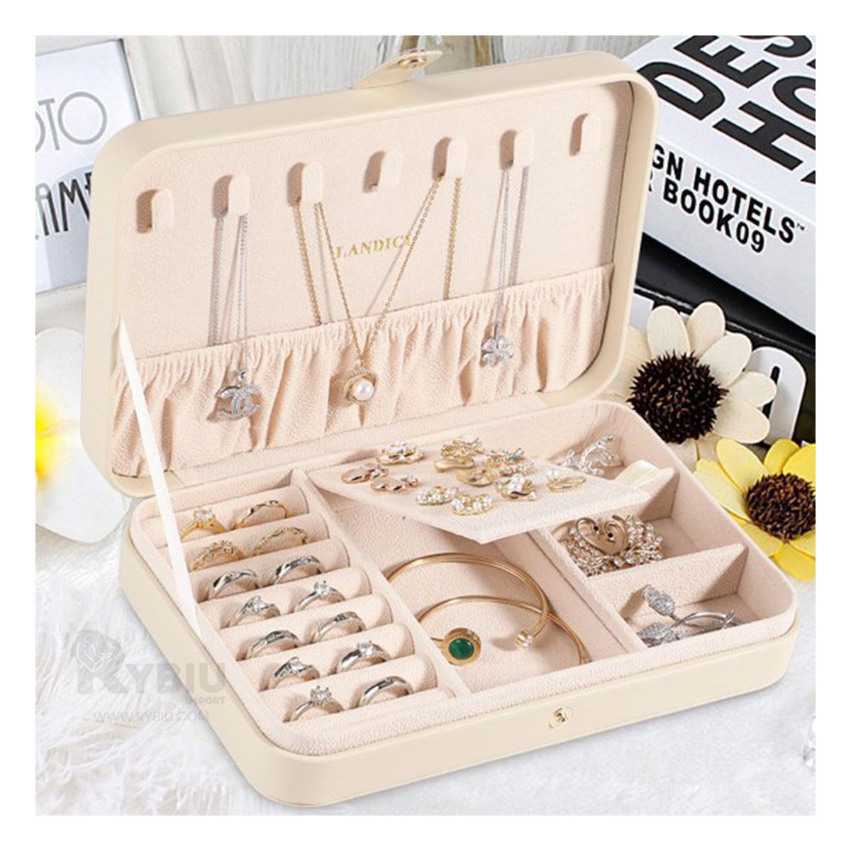 RYBIU IMPORT - Joyero Organizador para Senoritas de Cuero de Color Beige