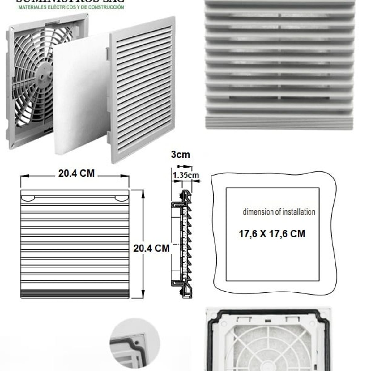 GENERICO - REJILLA DE VENTILADOR PARA TABLERO ELECTRICO CON FILTRO 20,4 X 20,4CM
