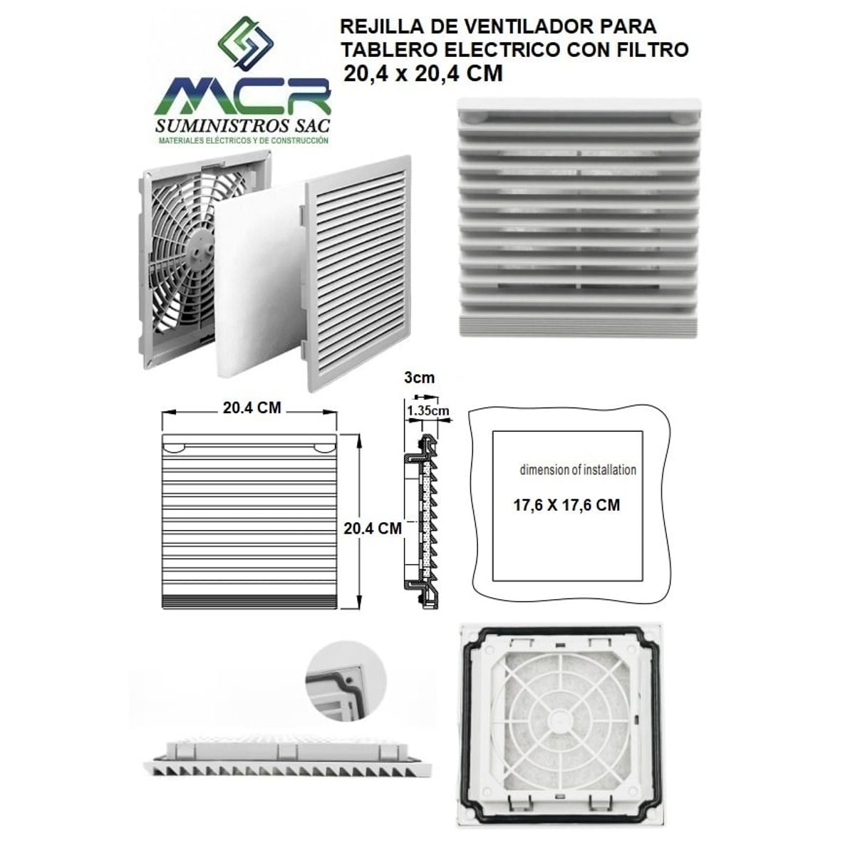 GENERICO - REJILLA DE VENTILADOR PARA TABLERO ELECTRICO CON FILTRO 20,4 X 20,4CM