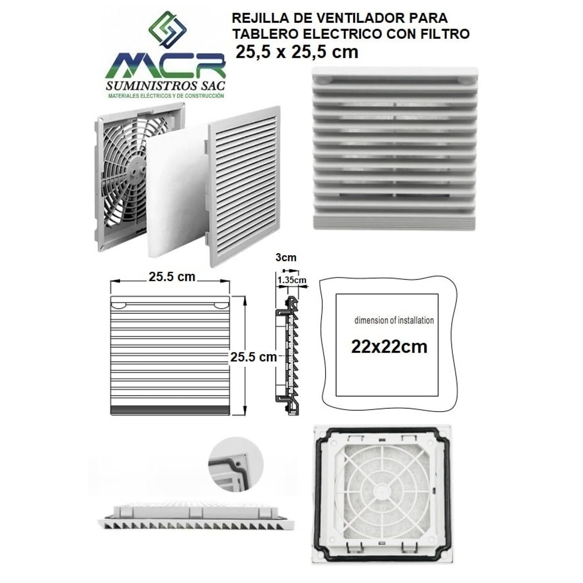 GENERICO - REJILLA DE VENTILADOR PARA TABLERO ELECTRICO CON FILTRO 25,5 X 25,5CM