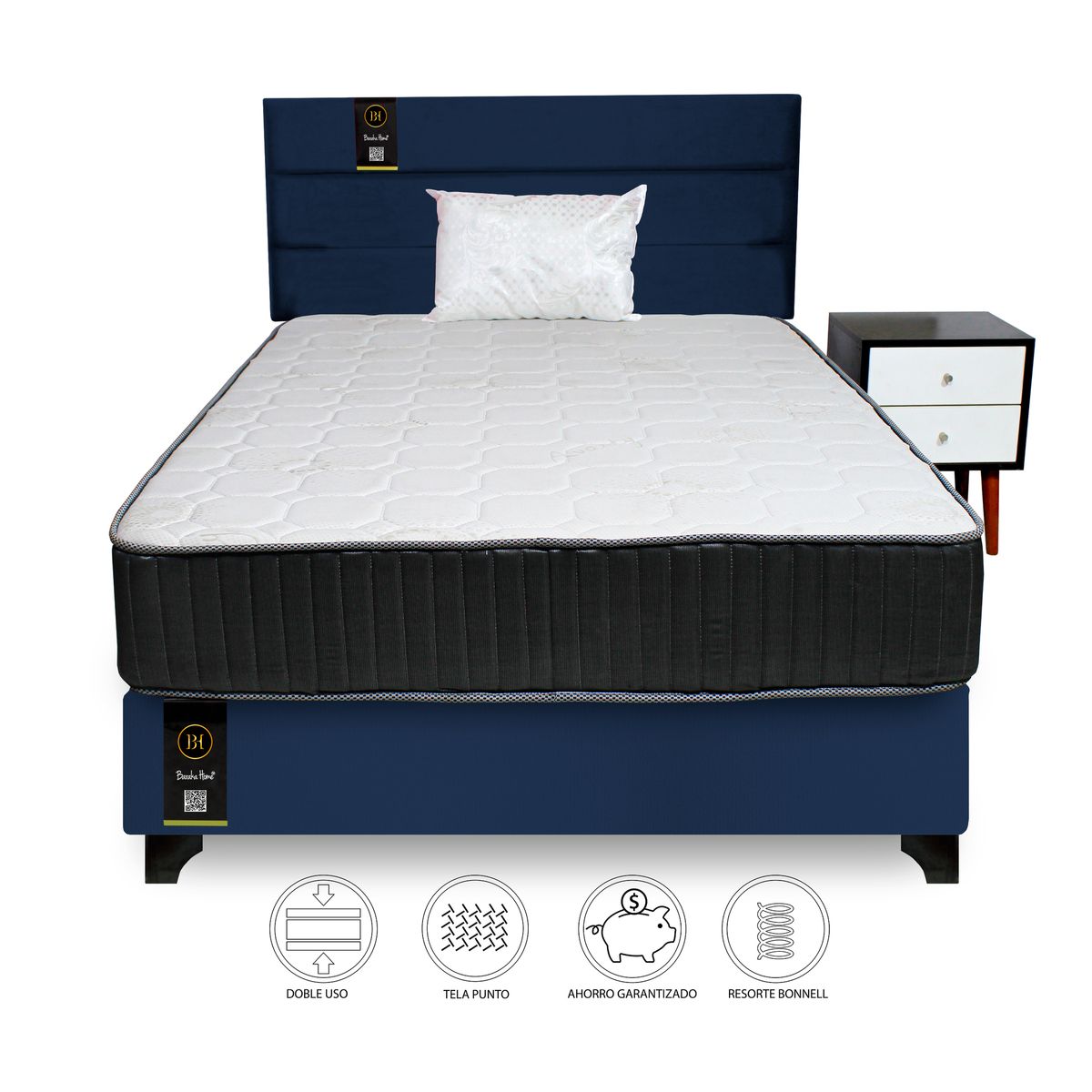 BARAKA HOME - Dormitorio Tuzla 1.5 Plz + Cabecera aérea + Colchón Dual + 1 velador + 1 Almohada - Azul Marino