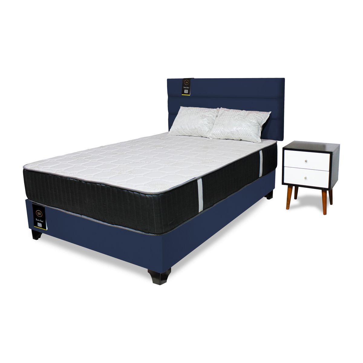 BARAKA HOME - Dormitorio Tuzla 1.5 Plz + Cabecera aérea + Colchón Dual + 1 velador + 1 Almohada - Azul Marino