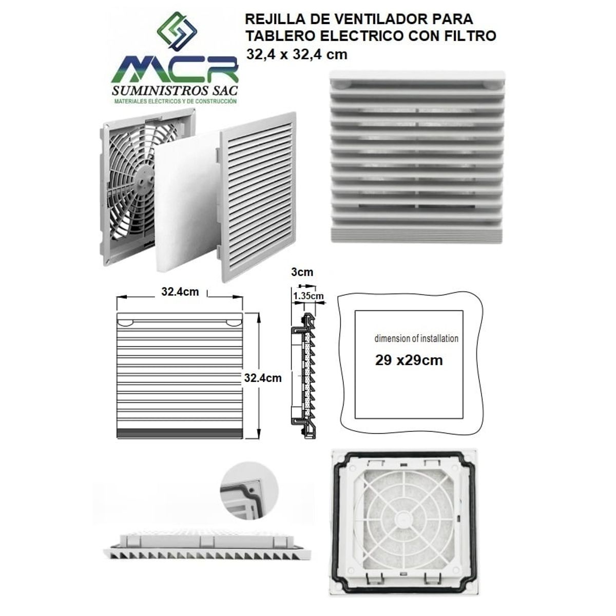 GENERICO - REJILLA DE VENTILADOR PARA TABLERO ELECTRICO CON FILTRO 32,4 X32,4CM