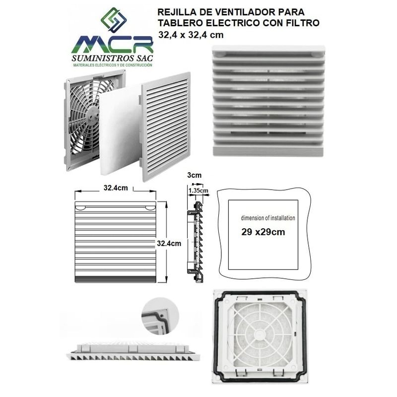 GENERICO - REJILLA DE VENTILADOR PARA TABLERO ELECTRICO CON FILTRO 32,4 X32,4CM