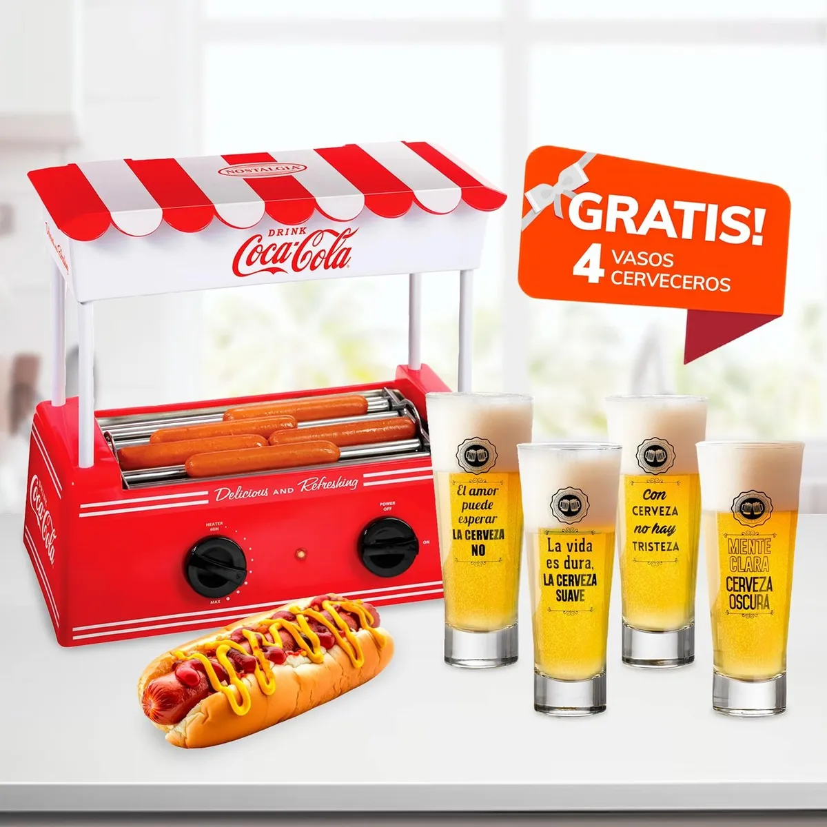 NOSTALGIA - Máquina con Rodillo Freidor para Hot-Dog CocaCola y 4 Vasos Cerveceros