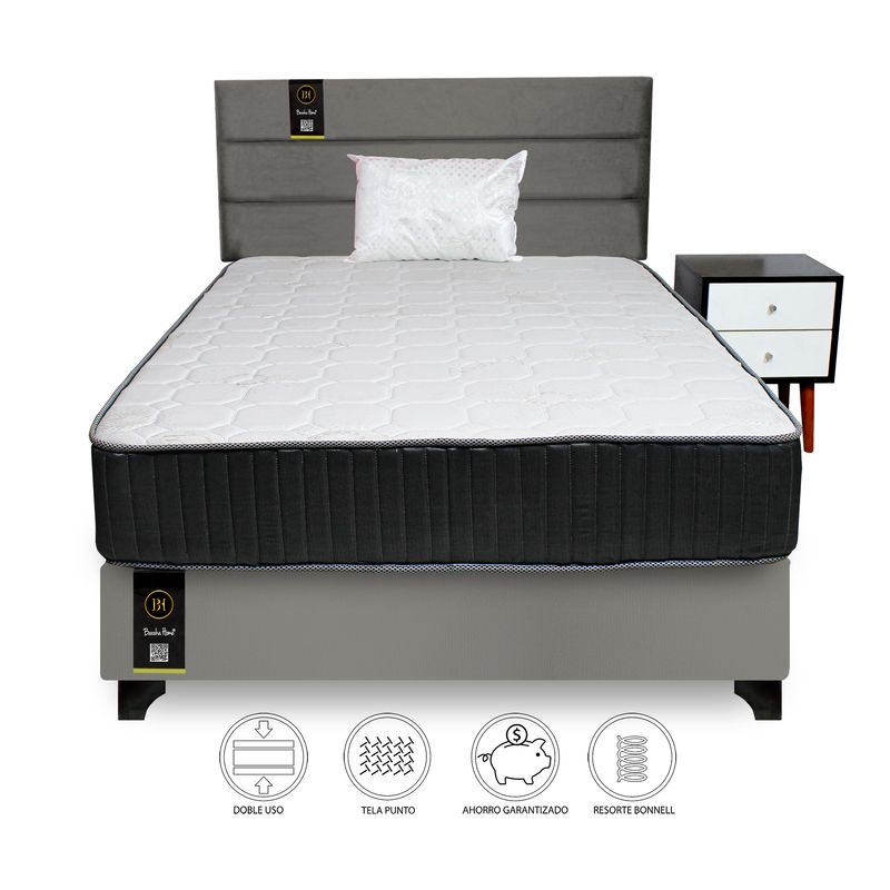 BARAKA HOME - Dormitorio Tuzla 1.5 Plz + Cabecera aérea + Colchón Dual + 1 velador + 1 Almohada - Gris Oscuro