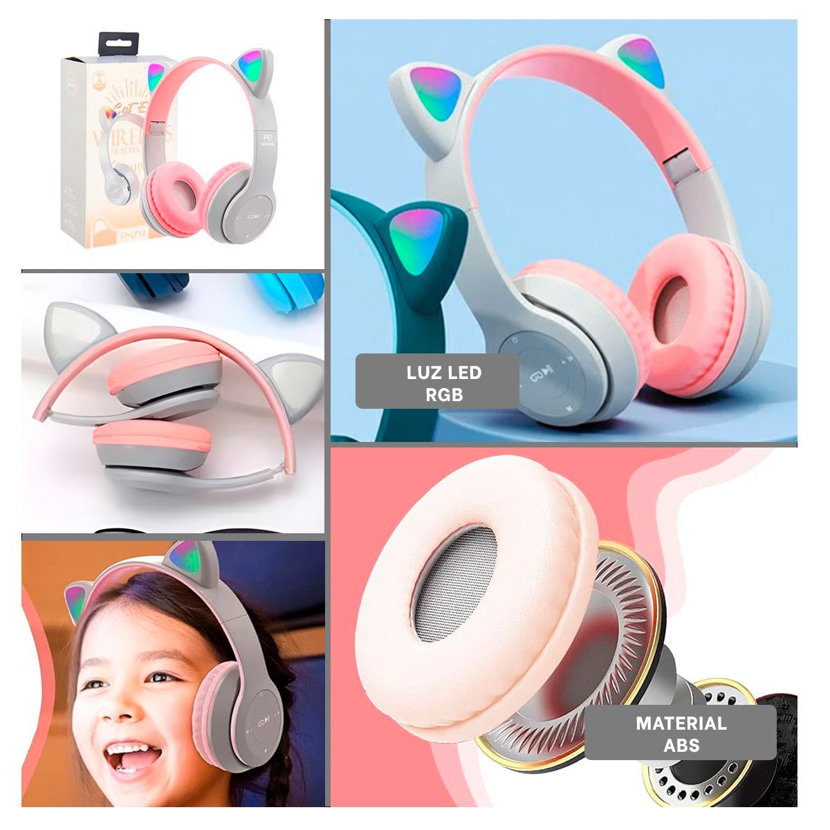 RYBIU IMPORT - Audifonos Forma de Gato en Color Plomo Y+Regalo Stickers